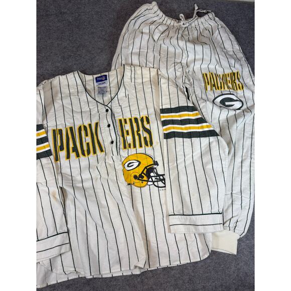 VINTAGE 90s Green Bay Packers Team NFL Esleep Pajama Set Mens XL White Striped - Picture 1 of 10